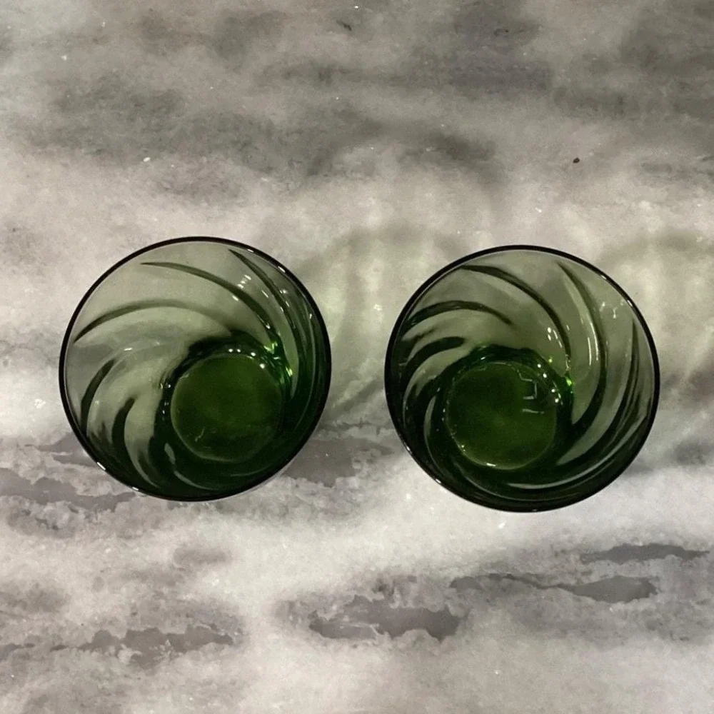 Libbey Avocado Green Swirl Lowball Tumblers, Set of 2, Vintage Glass‎ Drinkware
